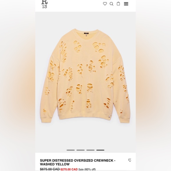 R13 SUPER DISTRESSED OVERSIZED CREWNECK - WASHED YELLOW - Picture 2 of 4